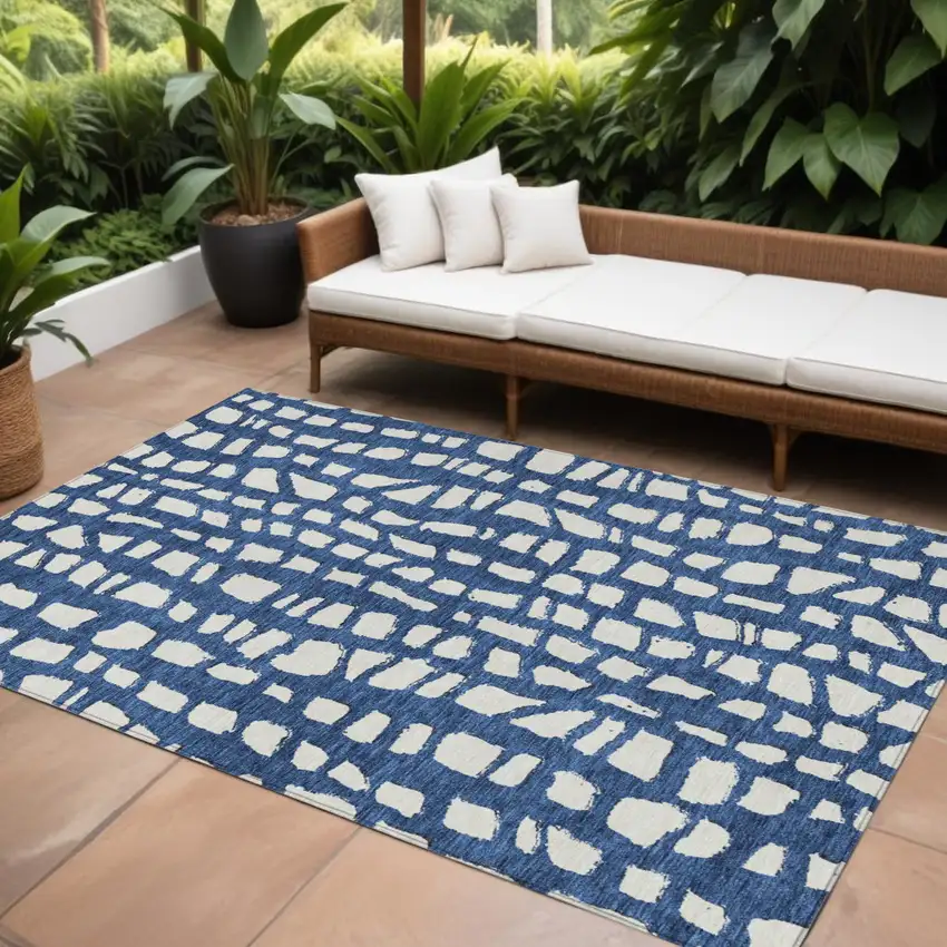 Navy Blue And Ivory Abstract Washable Indoor Outdoor Area Rug Photo 1