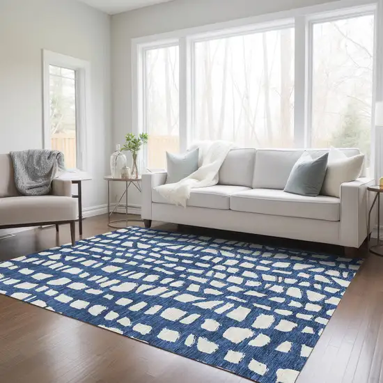 Navy Blue And Ivory Abstract Washable Indoor Outdoor Area Rug Photo 8