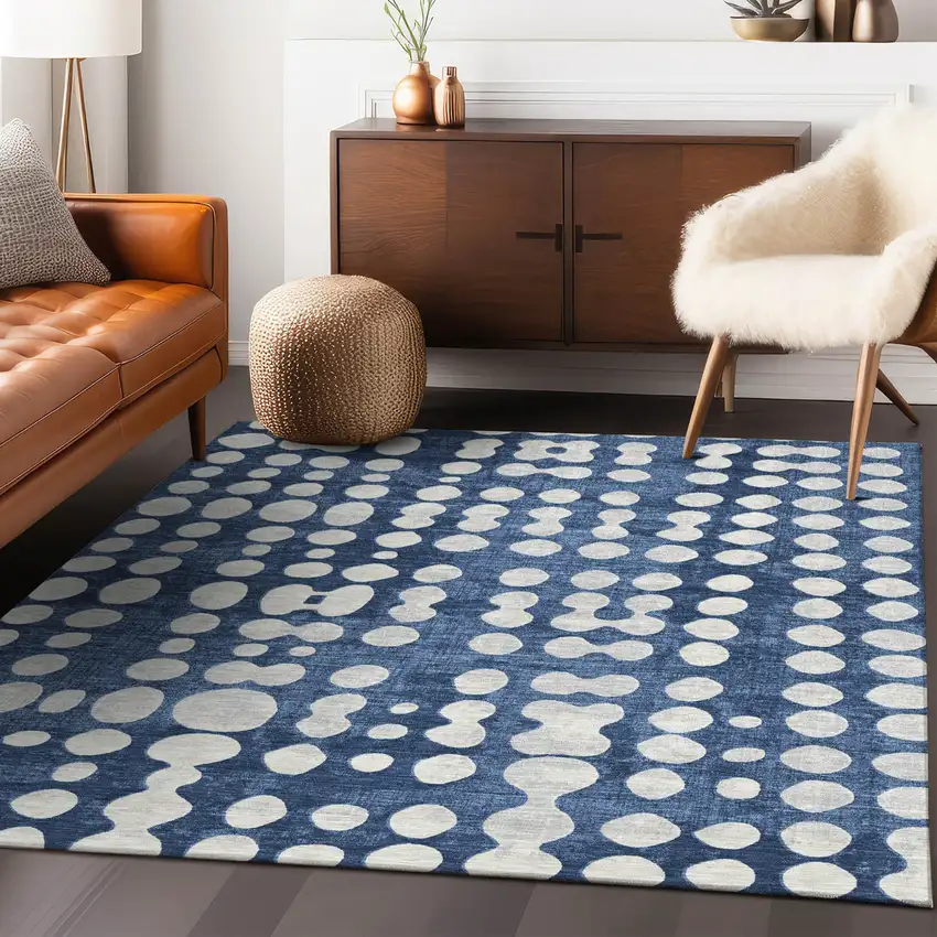 Navy Blue And Ivory Abstract Washable Indoor Outdoor Area Rug Photo 9