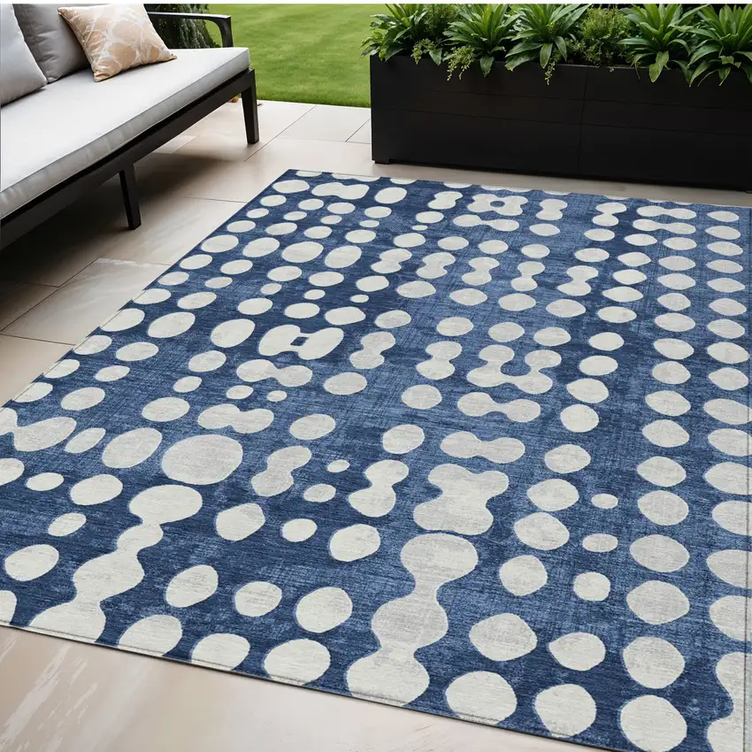 Navy Blue And Ivory Abstract Washable Indoor Outdoor Area Rug Photo 1