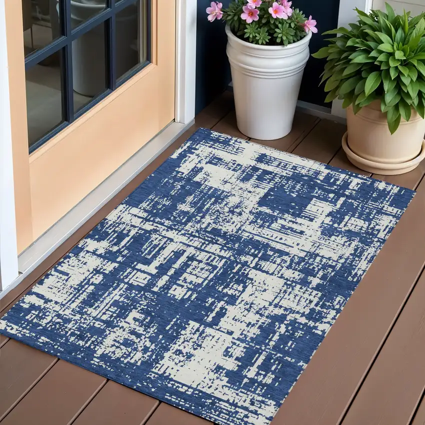 Navy Blue And Ivory Abstract Washable Indoor Outdoor Area Rug Photo 1