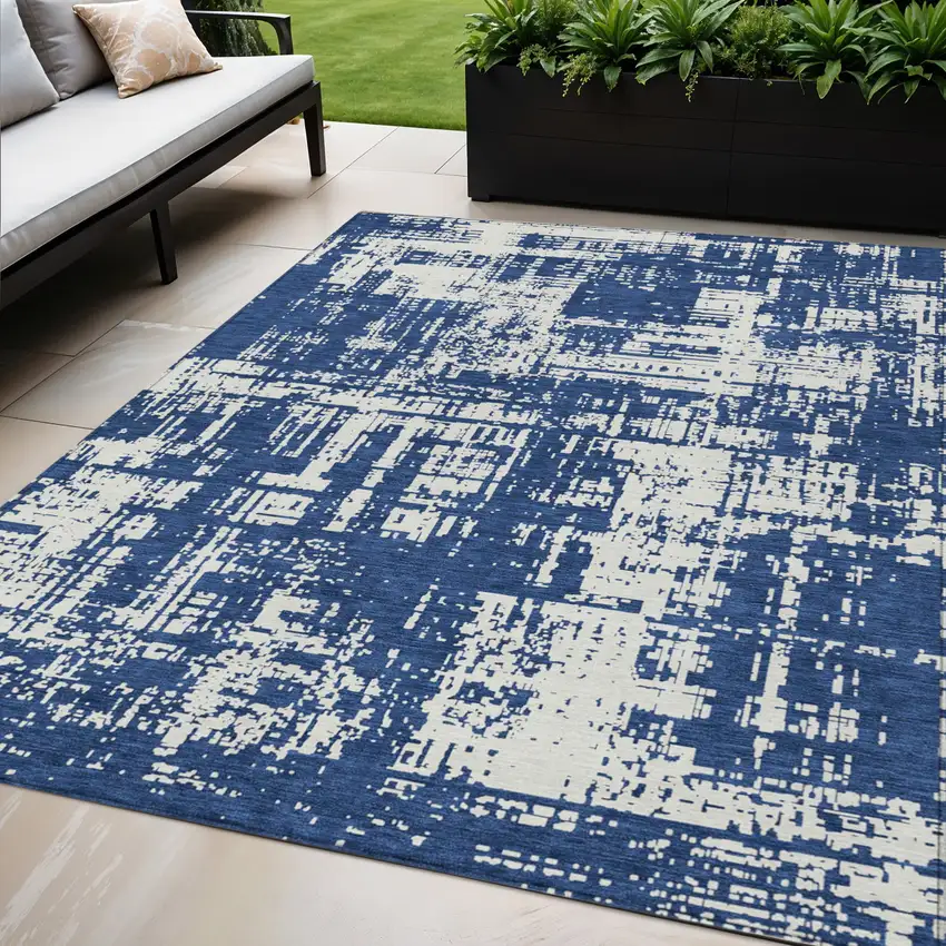 Navy Blue And Ivory Abstract Washable Indoor Outdoor Area Rug Photo 1