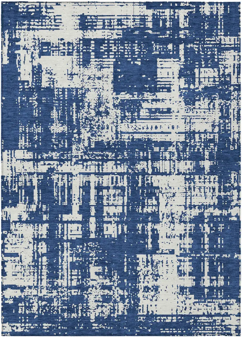 Navy Blue And Ivory Abstract Washable Indoor Outdoor Area Rug Photo 2