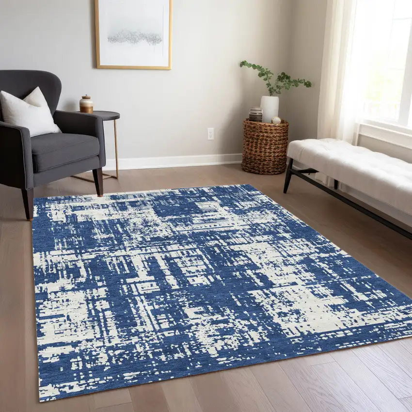 Navy Blue And Ivory Abstract Washable Indoor Outdoor Area Rug Photo 9
