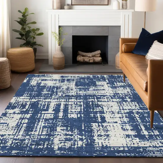 Navy Blue And Ivory Abstract Washable Indoor Outdoor Area Rug Photo 8