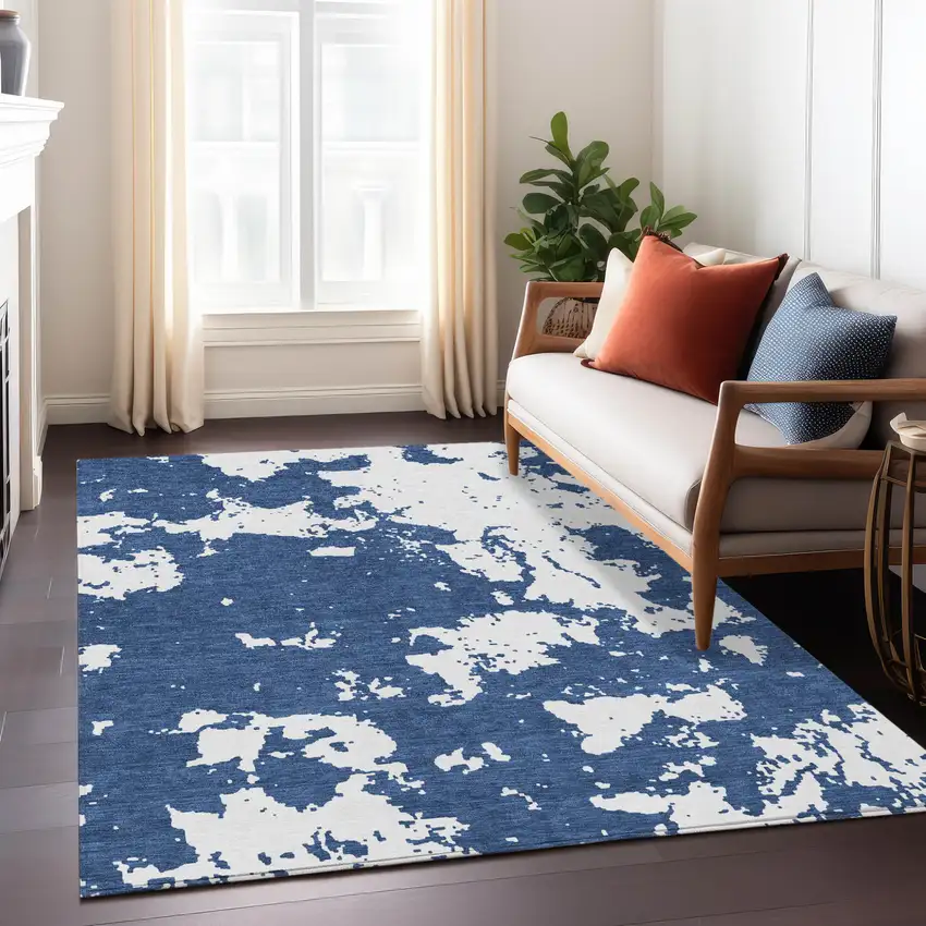 Navy Blue And Ivory Abstract Washable Indoor Outdoor Area Rug Photo 9