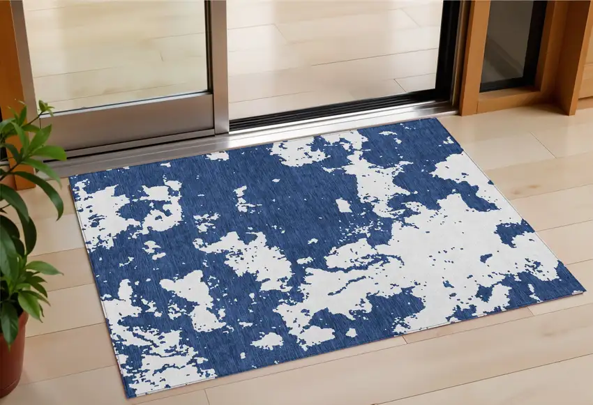 Navy Blue And Ivory Abstract Washable Indoor Outdoor Area Rug Photo 1