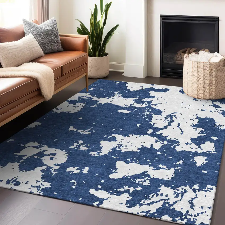 Navy Blue And Ivory Abstract Washable Indoor Outdoor Area Rug Photo 9