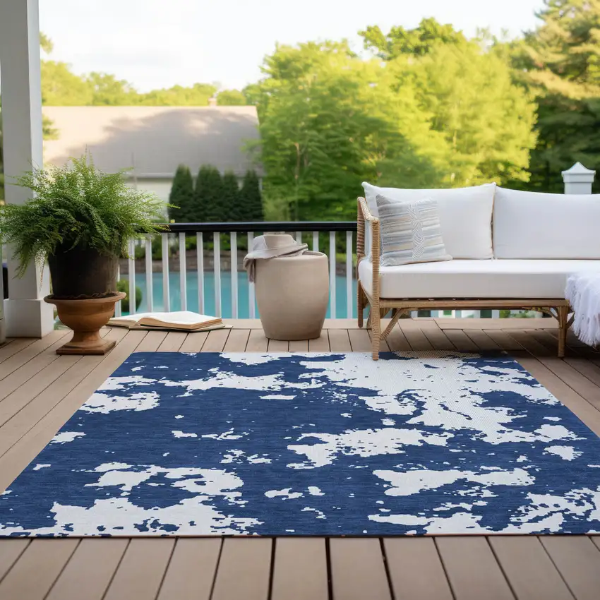 Navy Blue And Ivory Abstract Washable Indoor Outdoor Area Rug Photo 8