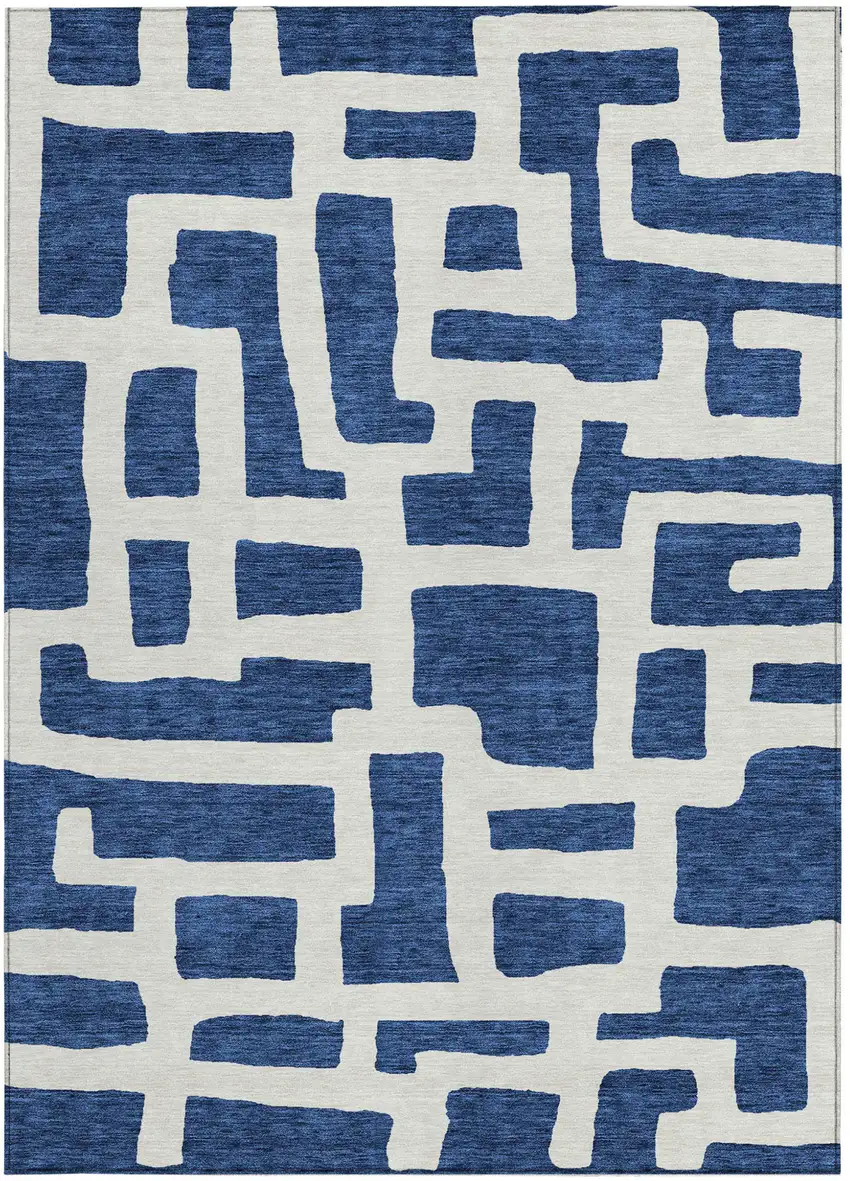 Navy Blue And Ivory Abstract Washable Indoor Outdoor Area Rug Photo 6