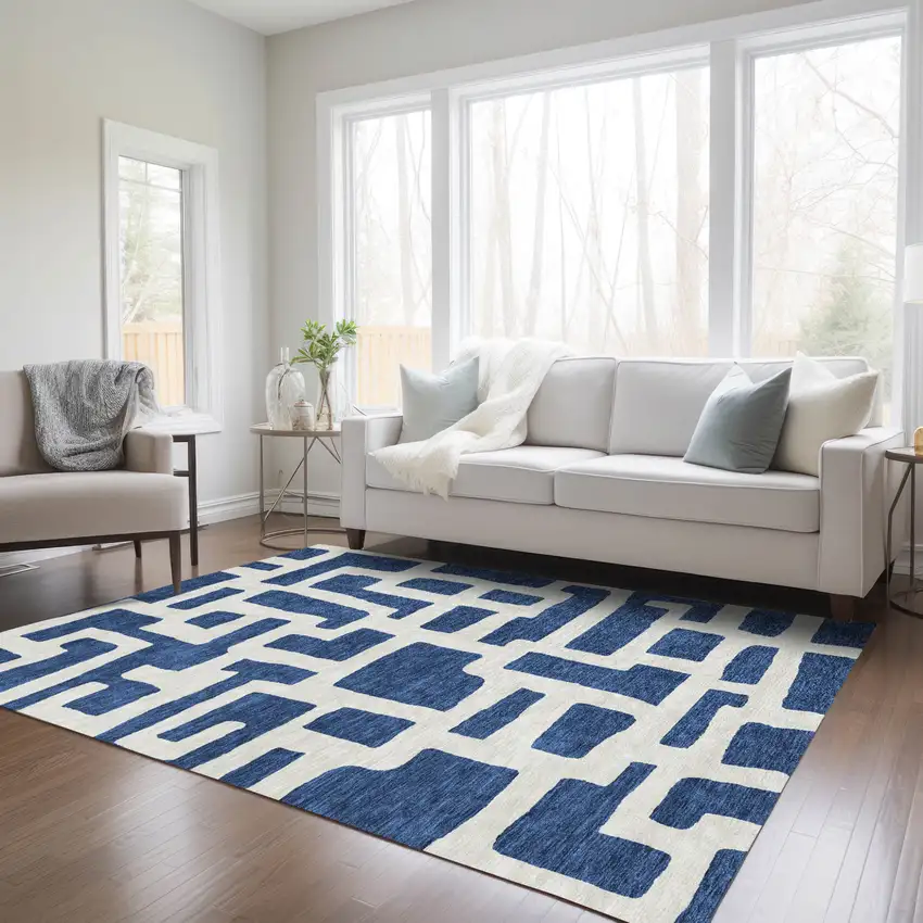 Navy Blue And Ivory Abstract Washable Indoor Outdoor Area Rug Photo 9