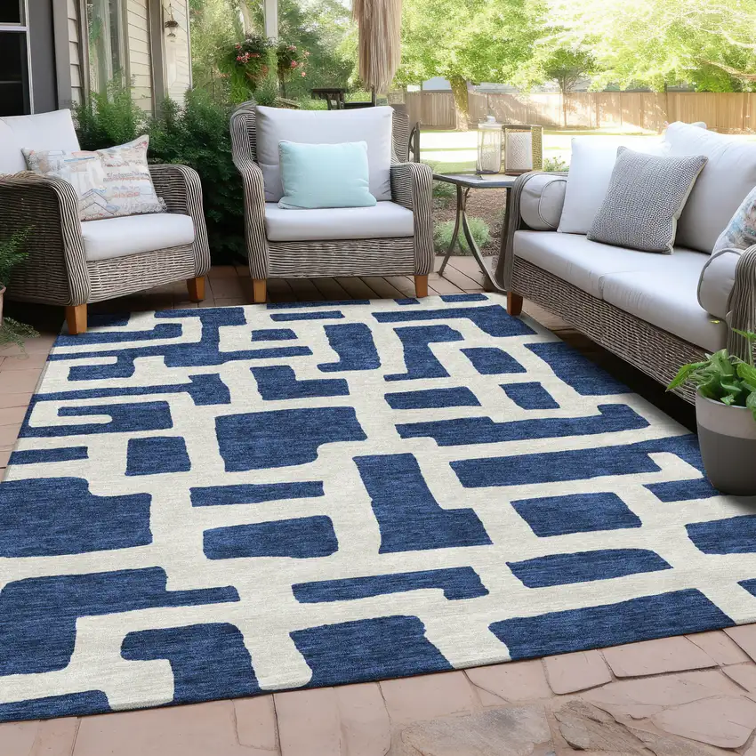 Navy Blue And Ivory Abstract Washable Indoor Outdoor Area Rug Photo 8