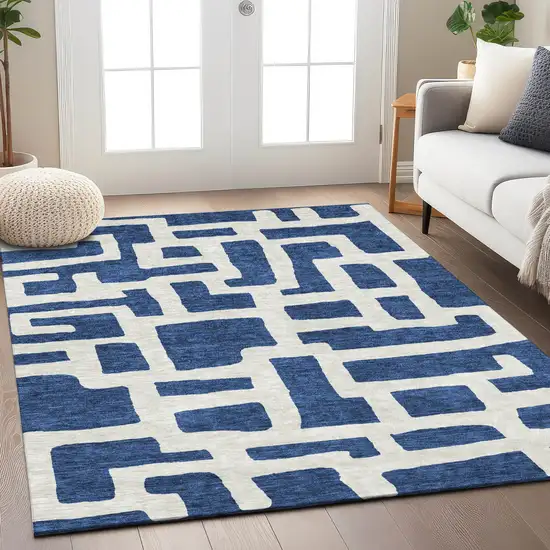 Navy Blue And Ivory Abstract Washable Indoor Outdoor Area Rug Photo 9