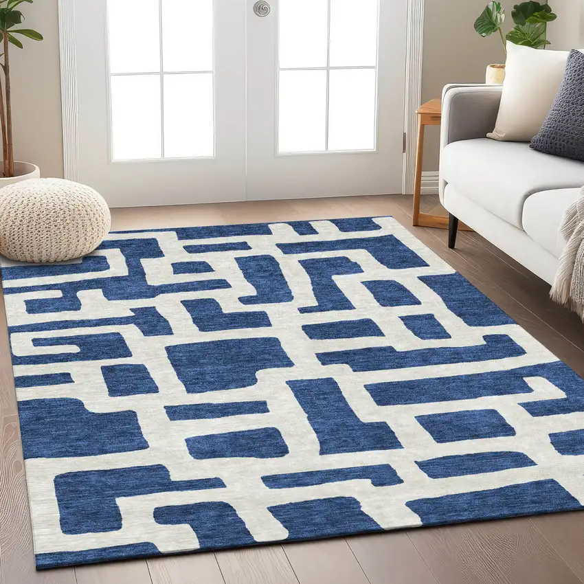 Navy Blue And Ivory Abstract Washable Indoor Outdoor Area Rug Photo 9