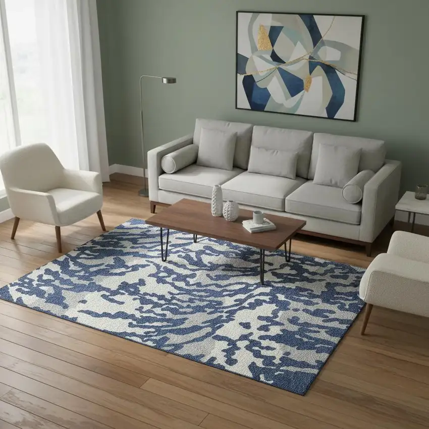 Navy Blue And Ivory Animal Print Washable Area Rug With UV Protection Photo 2