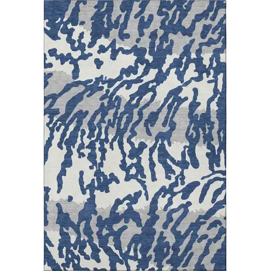 Navy Blue And Ivory Animal Print Washable Area Rug With UV Protection Photo 3
