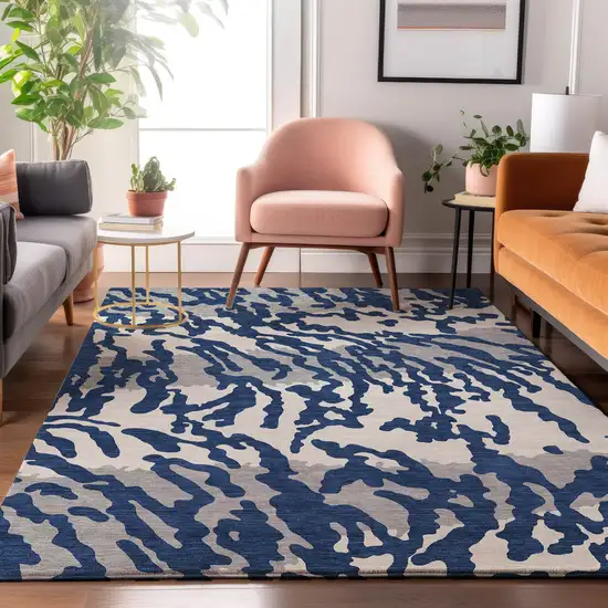 Navy Blue And Ivory Animal Print Washable Area Rug With UV Protection Photo 5