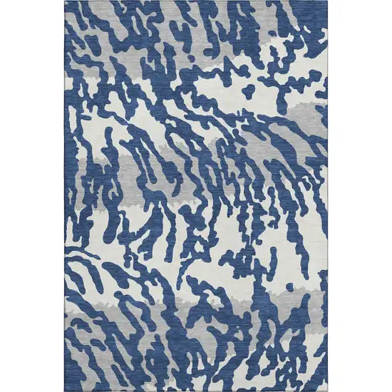 Navy Blue And Ivory Animal Print Washable Area Rug With UV Protection Photo 1