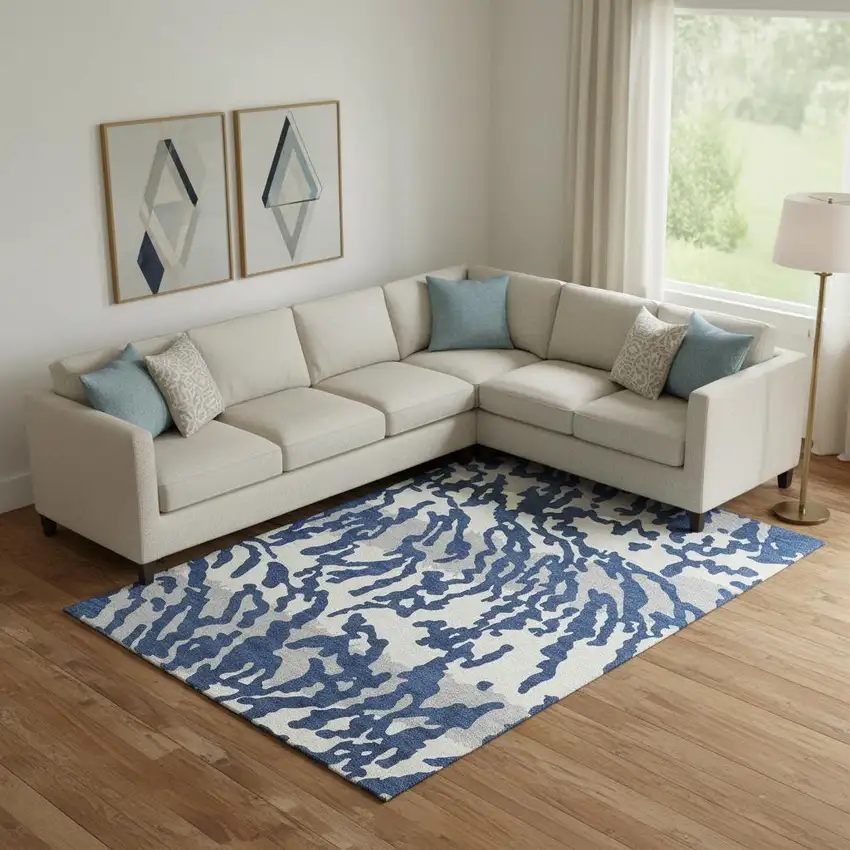 Navy Blue And Ivory Animal Print Washable Area Rug With UV Protection Photo 1