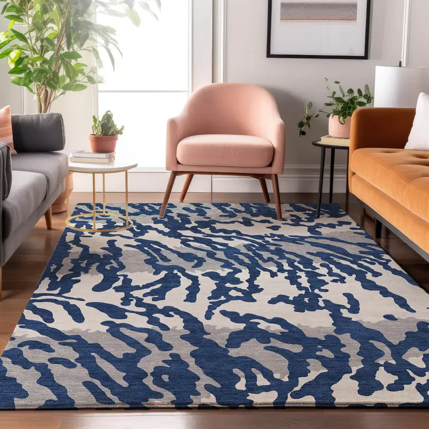 Navy Blue And Ivory Animal Print Washable Area Rug With UV Protection Photo 5