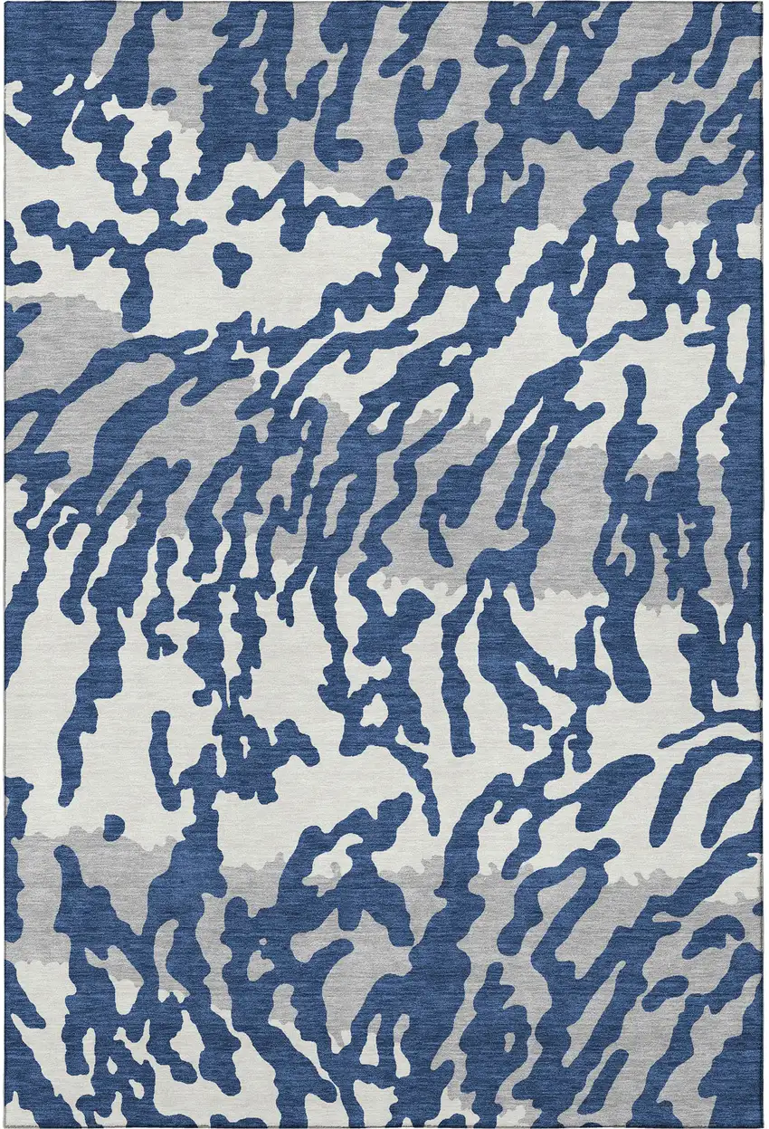 Navy Blue And Ivory Animal Print Washable Area Rug With UV Protection Photo 4