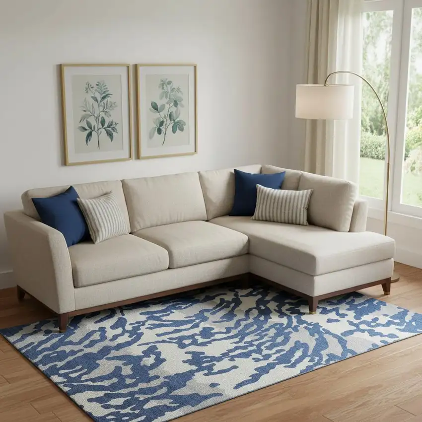 Navy Blue And Ivory Animal Print Washable Area Rug With UV Protection Photo 1