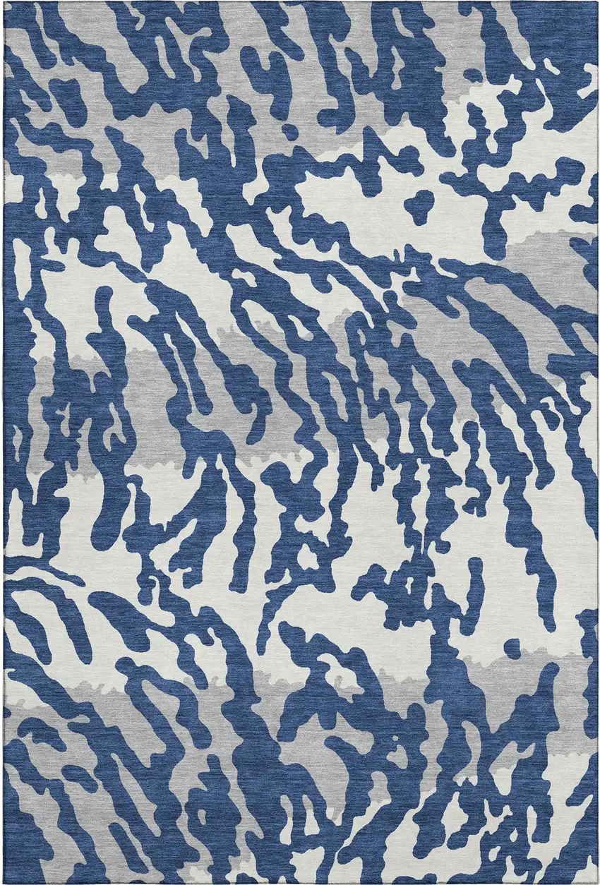 Navy Blue And Ivory Animal Print Washable Area Rug With UV Protection Photo 1