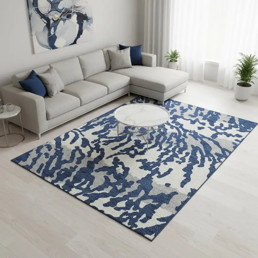 Navy Blue And Ivory Animal Print Washable Area Rug With UV Protection Photo 2