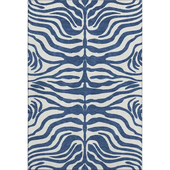 Navy Blue And Ivory Animal Print Washable Area Rug With UV Protection Photo 6