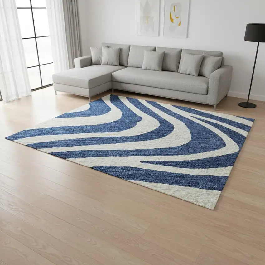 Navy Blue And Ivory Animal Print Washable Area Rug With UV Protection Photo 2