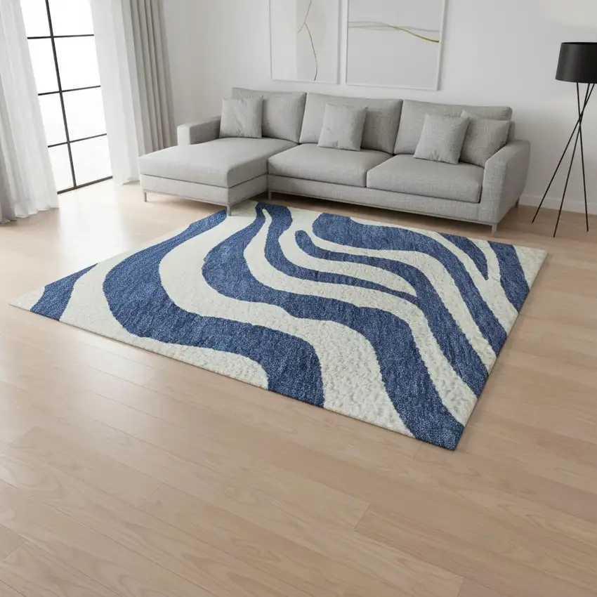 Navy Blue And Ivory Animal Print Washable Area Rug With UV Protection Photo 2