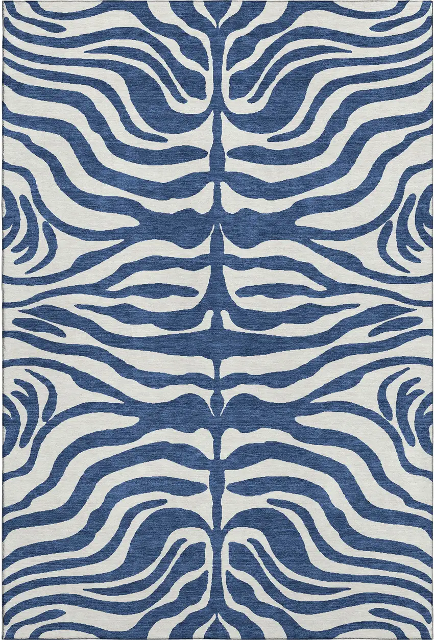 Navy Blue And Ivory Animal Print Washable Area Rug With UV Protection Photo 5