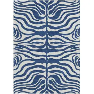 Photo of Navy Blue And Ivory Animal Print Washable Indoor Outdoor Area Rug