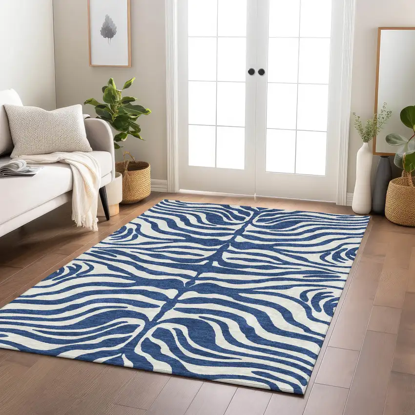 Navy Blue And Ivory Animal Print Washable Indoor Outdoor Area Rug Photo 9
