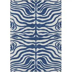Photo of Navy Blue And Ivory Animal Print Washable Indoor Outdoor Area Rug