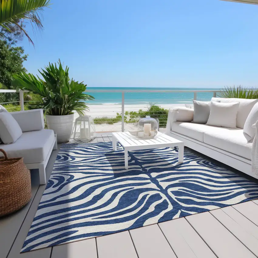 Navy Blue And Ivory Animal Print Washable Indoor Outdoor Area Rug Photo 9