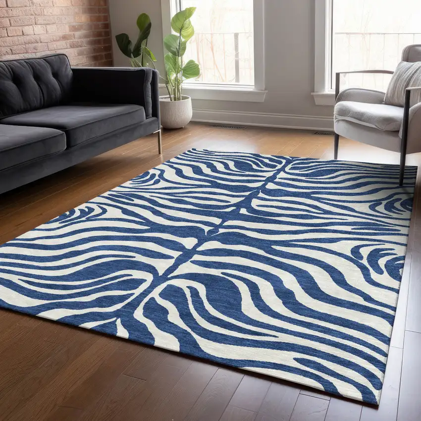 Navy Blue And Ivory Animal Print Washable Indoor Outdoor Area Rug Photo 7