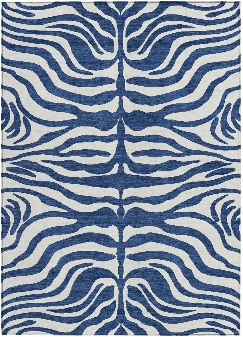 Navy Blue And Ivory Animal Print Washable Indoor Outdoor Area Rug Photo 5
