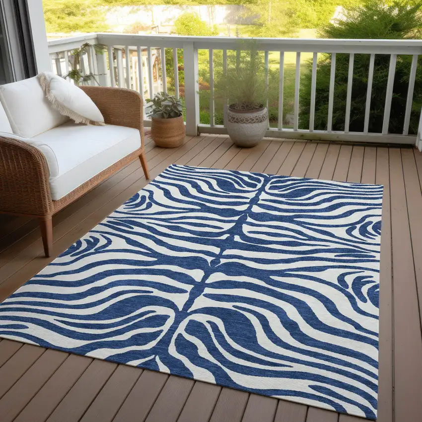 Navy Blue And Ivory Animal Print Washable Indoor Outdoor Area Rug Photo 6