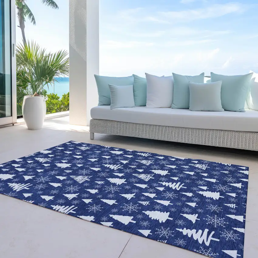 Navy Blue And Ivory Botanical Leaves Washable Indoor Outdoor Area Rug Photo 5