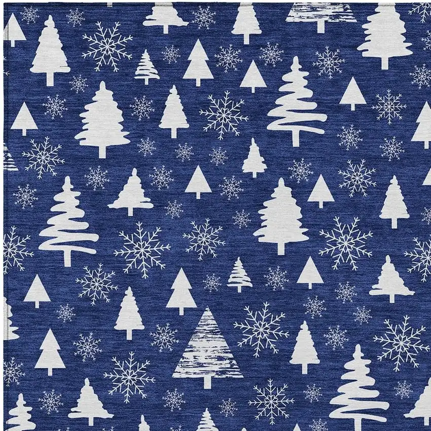 Navy Blue And Ivory Botanical Leaves Washable Indoor Outdoor Area Rug Photo 4