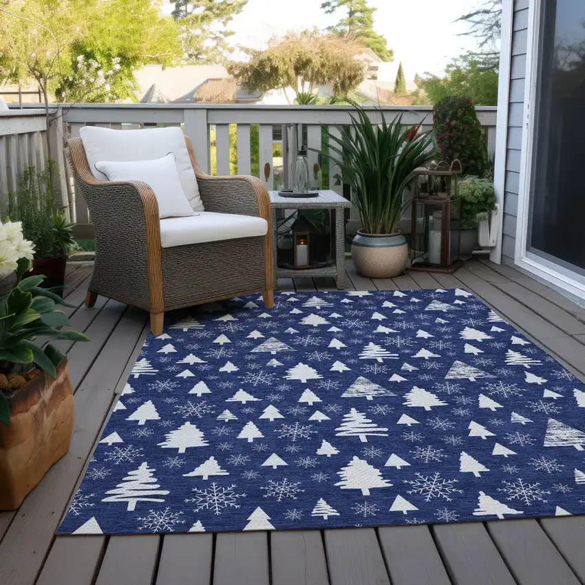 Navy Blue And Ivory Botanical Leaves Washable Indoor Outdoor Area Rug Photo 8