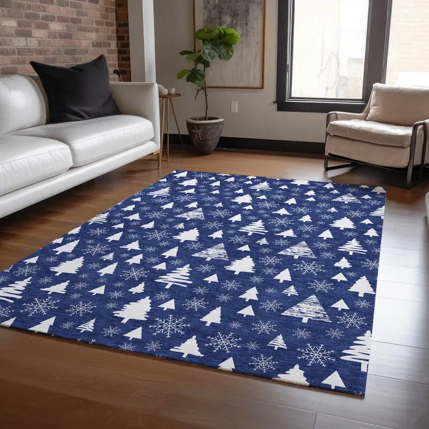 Navy Blue And Ivory Botanical Leaves Washable Indoor Outdoor Area Rug Photo 6