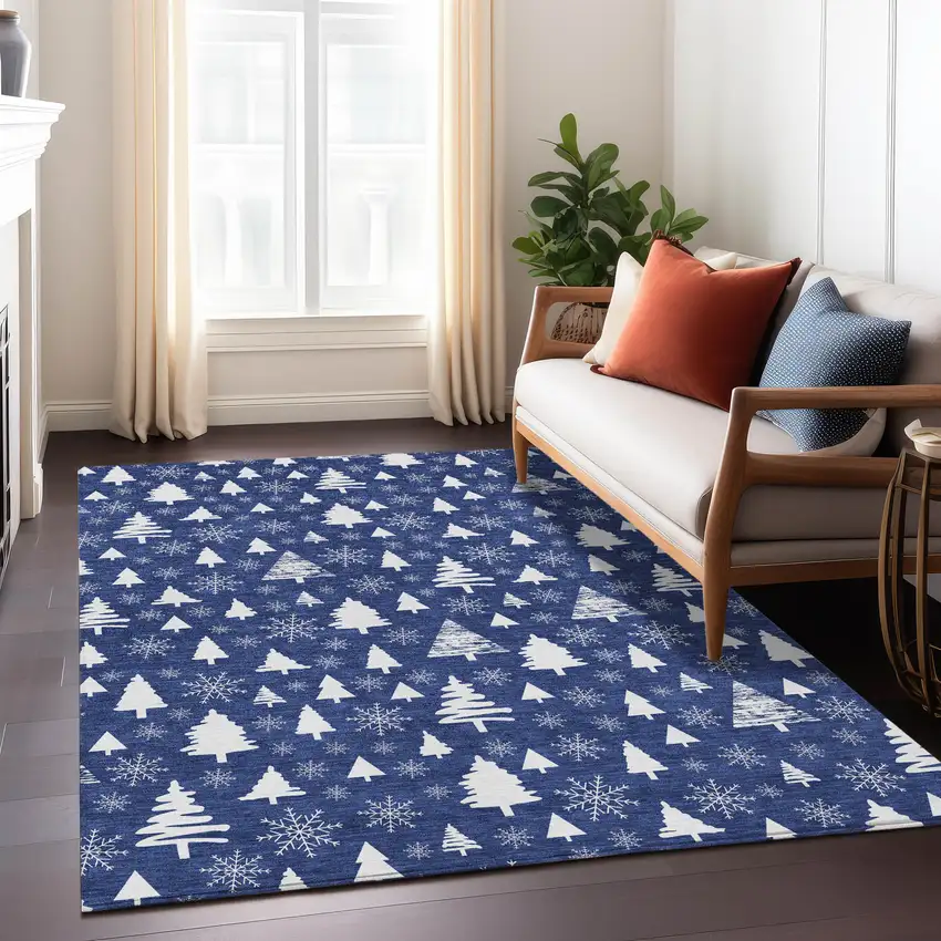 Navy Blue And Ivory Botanical Leaves Washable Indoor Outdoor Area Rug Photo 7
