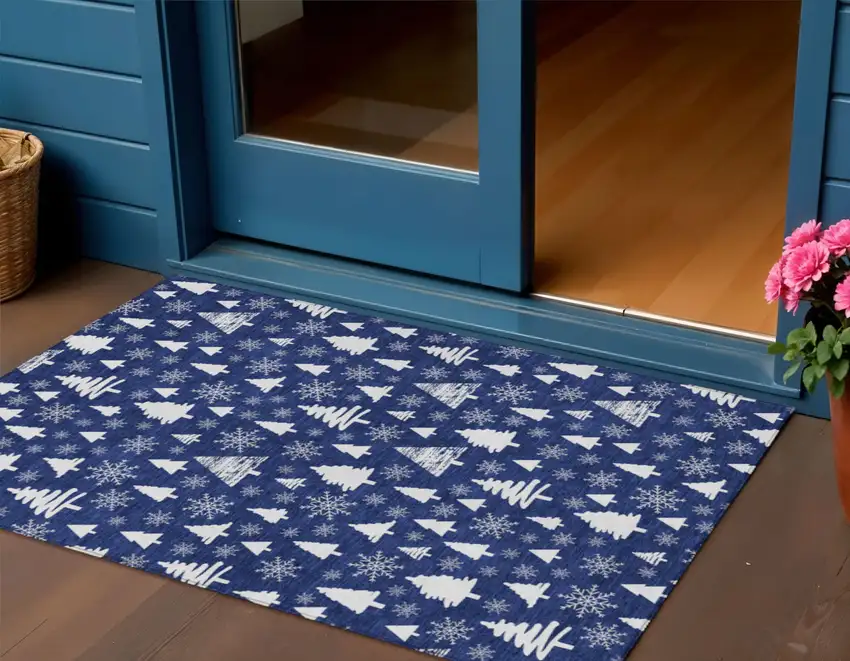 Navy Blue And Ivory Botanical Leaves Washable Indoor Outdoor Area Rug Photo 2