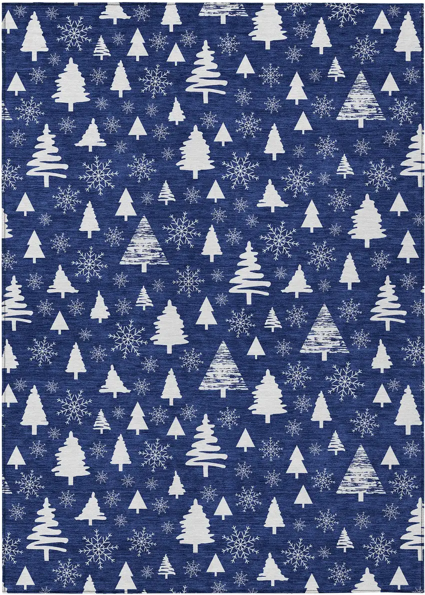 Navy Blue And Ivory Botanical Leaves Washable Indoor Outdoor Area Rug Photo 1