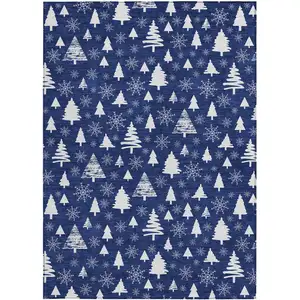 Photo of Navy Blue And Ivory Botanical Leaves Washable Indoor Outdoor Area Rug