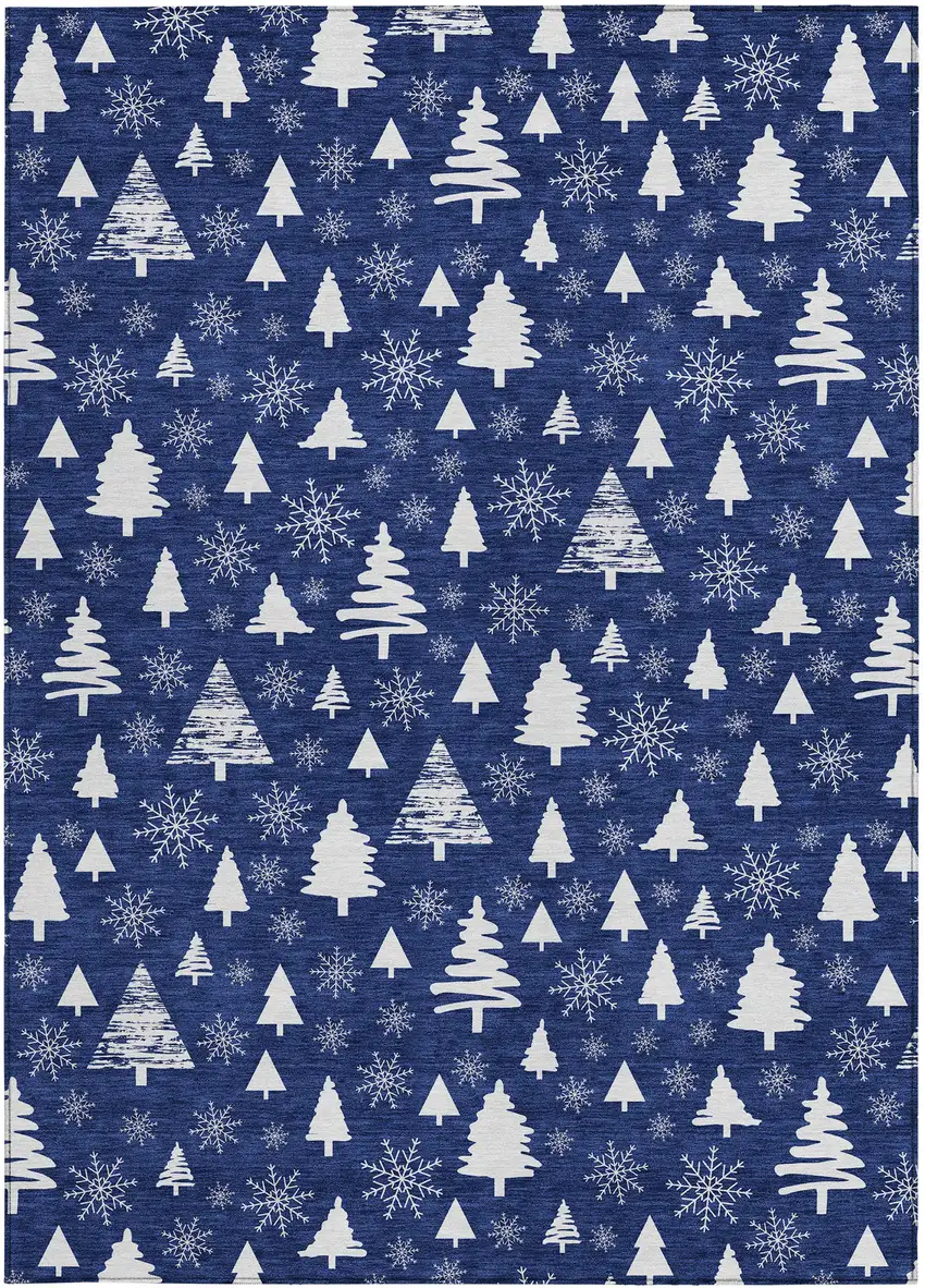 Navy Blue And Ivory Botanical Leaves Washable Indoor Outdoor Area Rug Photo 1