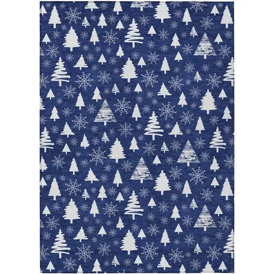 Navy Blue And Ivory Botanical Leaves Washable Indoor Outdoor Area Rug Photo 8