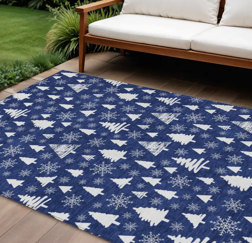 Navy Blue And Ivory Botanical Leaves Washable Indoor Outdoor Area Rug Photo 2
